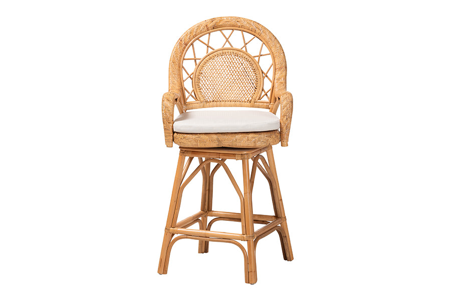 bali & pari Adam Natural Rattan Counter Stool with Cushion - Handwoven Wicker Swivel Bar Chair for Kitchen Island or Lounge Area