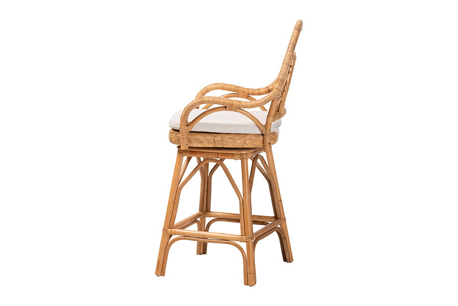 bali & pari Adam Natural Rattan Counter Stool with Cushion - Handwoven Wicker Swivel Bar Chair for Kitchen Island or Lounge Area