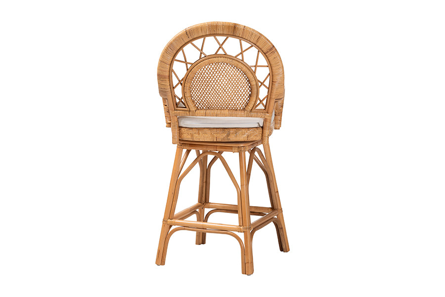 bali & pari Adam Natural Rattan Counter Stool with Cushion - Handwoven Wicker Swivel Bar Chair for Kitchen Island or Lounge Area