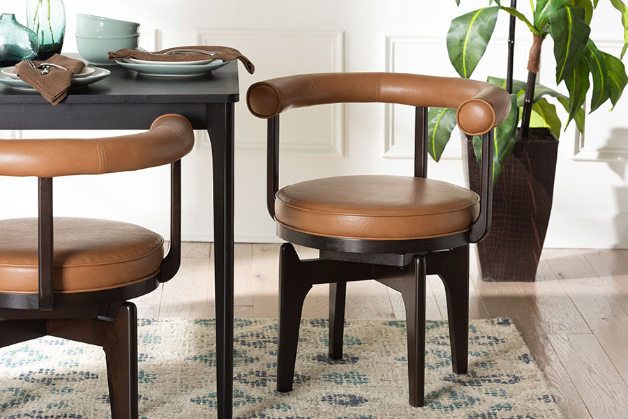 Baxton Studio Delacruz Swivel Dining Chair - Round Open Back Accent Chair with Faux Leather Upholstery, Modern Contemporary Seating for Kitchen or Dining Room