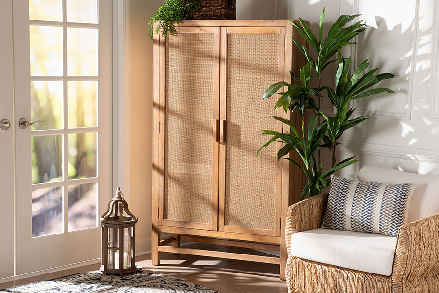bali & pari Sibu Storage Cabinet with Rattan Doors - Tall Accent Cabinet with Double Doors and Four Interior Shelves for Living Room, Bedroom or Office