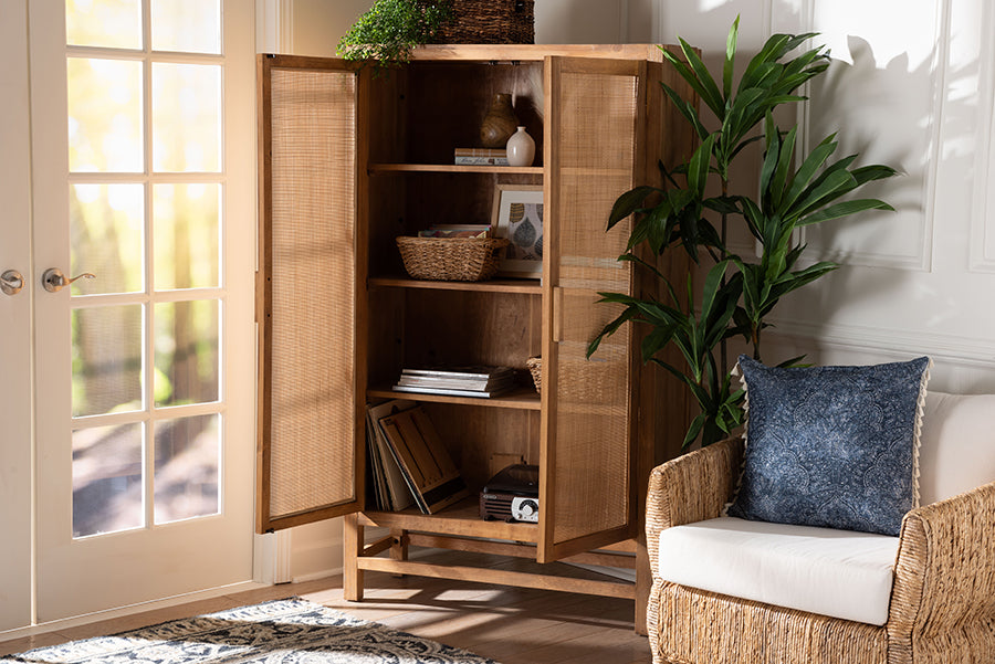 bali & pari Sibu Storage Cabinet with Rattan Doors - Tall Accent Cabinet with Double Doors and Four Interior Shelves for Living Room, Bedroom or Office