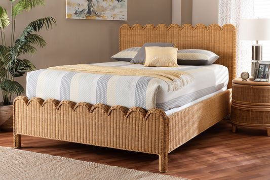 Bali & Pari Maritza King Scalloped Rattan Bed Frame – Handwoven Headboard & Footboard, Coastal Boho Bedroom Furniture FredCo