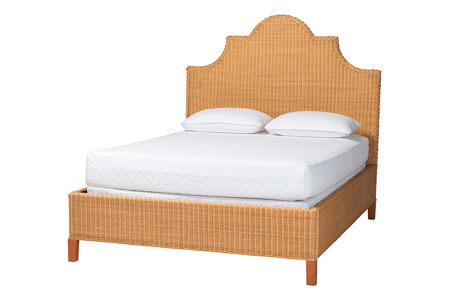 bali & pari Melanie Natural Rattan Bed - Coastal Boho Bed Frame with Scalloped Headboard, King