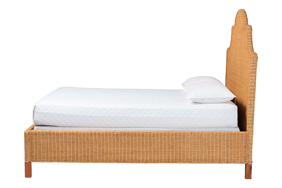 bali & pari Melanie Natural Rattan Bed - Coastal Boho Bed Frame with Scalloped Headboard, King