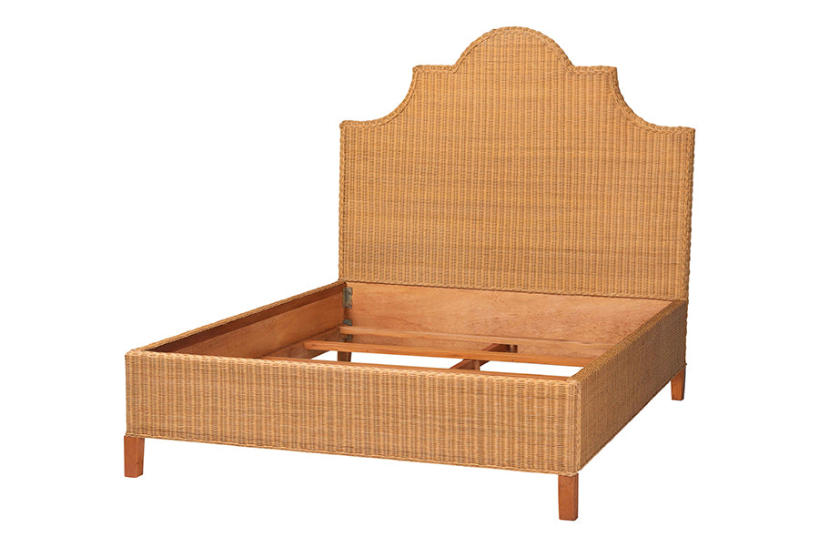 bali & pari Melanie Natural Rattan Bed - Coastal Boho Bed Frame with Scalloped Headboard, King