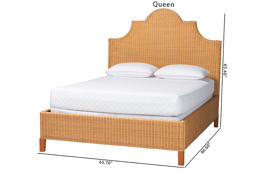 bali & pari Melanie Natural Rattan Bed - Coastal Boho Bed Frame with Scalloped Headboard, King