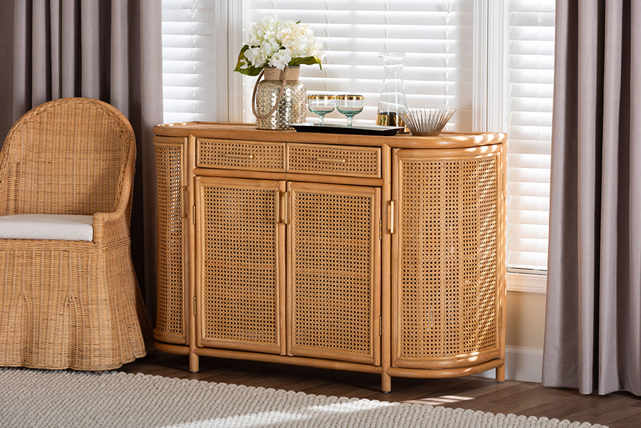 bali & pari McKenna Natural Rattan Sideboard - Handwoven Wicker Buffet Credenza, Boho Coastal Style for Dining or Living Room, 2-Drawer