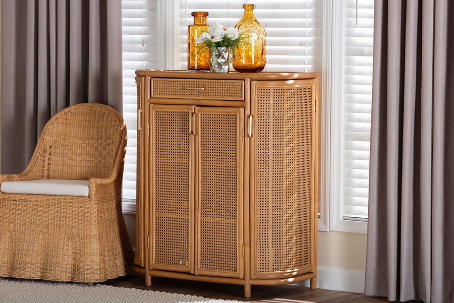 bali & pari McKenna Natural Rattan Storage Cabinet - Handwoven Wicker Accent Cabinet, Boho Coastal Style for Living Room or Entryway, 1-Drawer