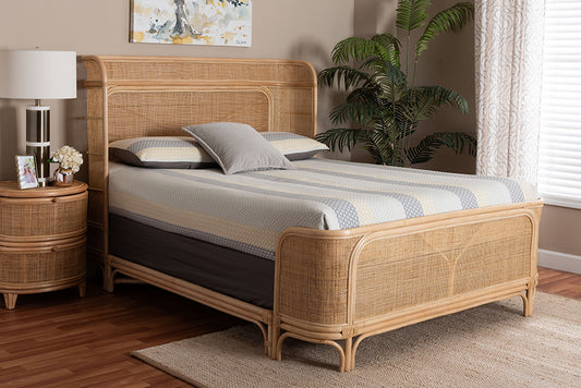 Bali & Pari Fiore Queen Natural Rattan Bed Frame – Handwoven Curved Corner Headboard & Footboard, Boho Coastal Style FredCo