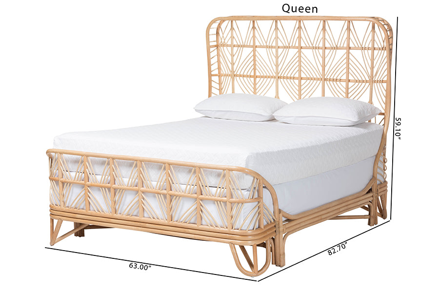 Bali & Pari Hadley Queen Natural Rattan Bed Frame – Handwoven Openwork Headboard & Footboard, Tropical Boho Bedroom Style FredCo