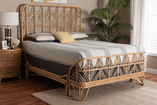 Bali & Pari Hadley Queen Natural Rattan Bed Frame – Handwoven Openwork Headboard & Footboard, Tropical Boho Bedroom Style FredCo