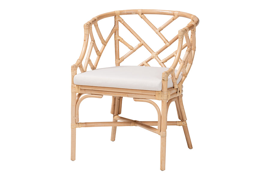 bali & pari Padma Natural Rattan Dining Chair - Handwoven Barrel Accent Chair with Bamboo-Style Frame and Lattice Detail for Boho, Coastal, or Tropical Dining or Lounge Area