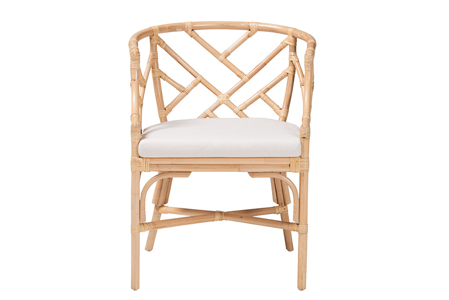 bali & pari Padma Natural Rattan Dining Chair - Handwoven Barrel Accent Chair with Bamboo-Style Frame and Lattice Detail for Boho, Coastal, or Tropical Dining or Lounge Area