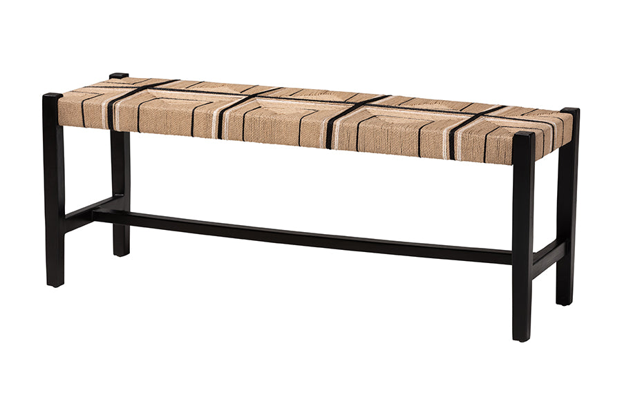 Bali & Pari Prita Black Woven Paper Loom Bench with Mahogany Frame – Handcrafted Dining or Entryway Accent Seating
