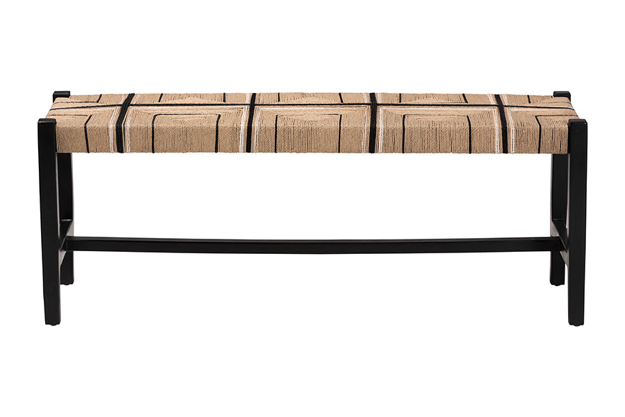Bali & Pari Prita Black Woven Paper Loom Bench with Mahogany Frame – Handcrafted Dining or Entryway Accent Seating