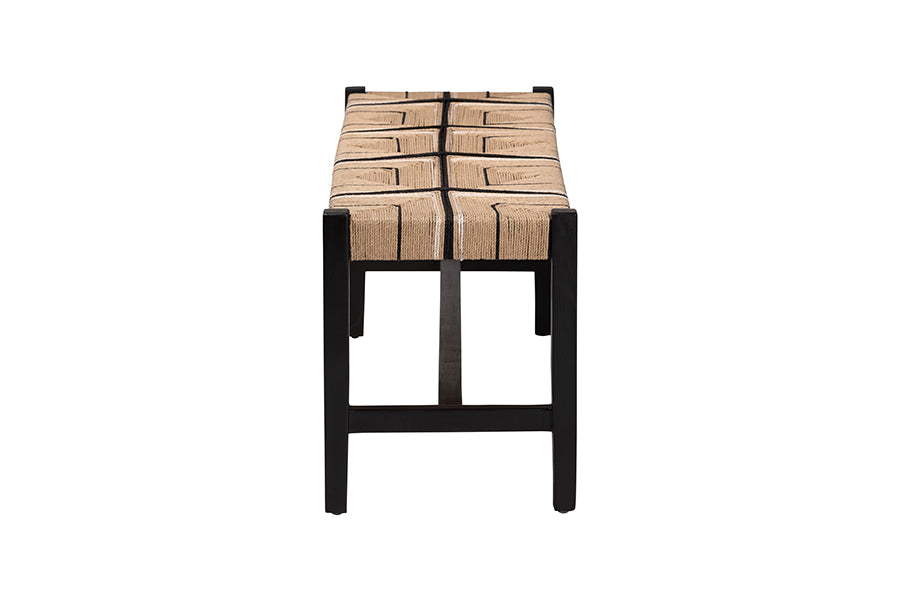 Bali & Pari Prita Black Woven Paper Loom Bench with Mahogany Frame – Handcrafted Dining or Entryway Accent Seating