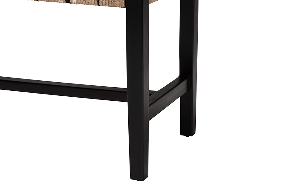 Bali & Pari Prita Black Woven Paper Loom Bench with Mahogany Frame – Handcrafted Dining or Entryway Accent Seating