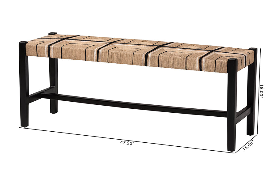 Bali & Pari Prita Black Woven Paper Loom Bench with Mahogany Frame – Handcrafted Dining or Entryway Accent Seating