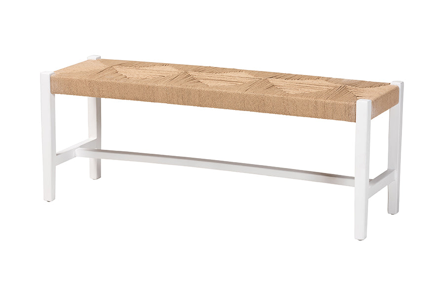 Bali & Pari Prita White Woven Paper Loom Bench with Mahogany Frame – Handcrafted Dining or Entryway Accent Seating