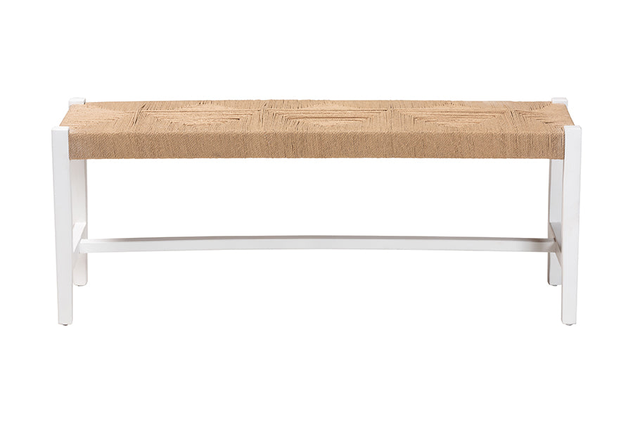 Bali & Pari Prita White Woven Paper Loom Bench with Mahogany Frame – Handcrafted Dining or Entryway Accent Seating