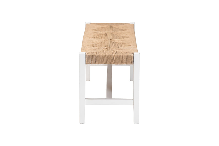 Bali & Pari Prita White Woven Paper Loom Bench with Mahogany Frame – Handcrafted Dining or Entryway Accent Seating