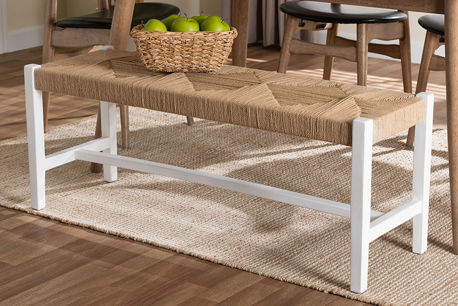 Bali & Pari Prita White Woven Paper Loom Bench with Mahogany Frame – Handcrafted Dining or Entryway Accent Seating