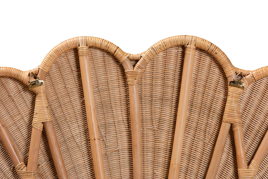 bali & pari Callias Natural Rattan Scalloped Headboard with Sunburst Weave – Coastal Boho Wicker Bed Backdrop for Bedroom Decor, Queen