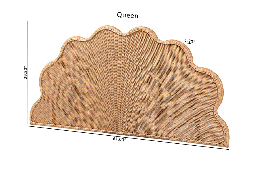 bali & pari Callias Natural Rattan Scalloped Headboard with Sunburst Weave – Coastal Boho Wicker Bed Backdrop for Bedroom Decor, Queen