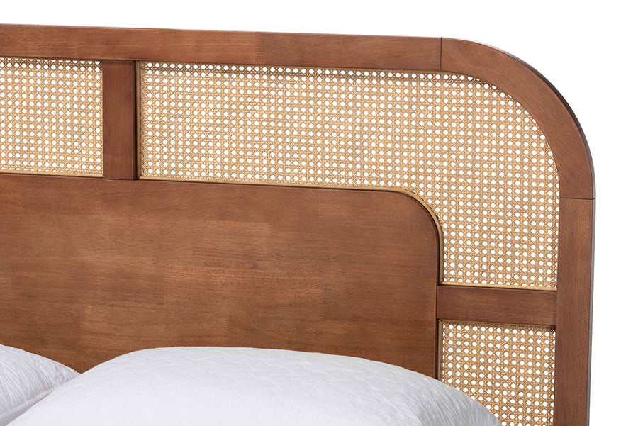 Baxton Studio Raewyn Wood Platform Bed - Low Profile Bed Frame with Decorative Rattan Weave Inlay and Rounded Headboard, Queen