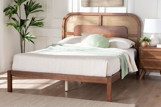 Baxton Studio Raewyn Wood Platform Bed - Low Profile Bed Frame with Decorative Rattan Weave Inlay and Rounded Headboard, Queen
