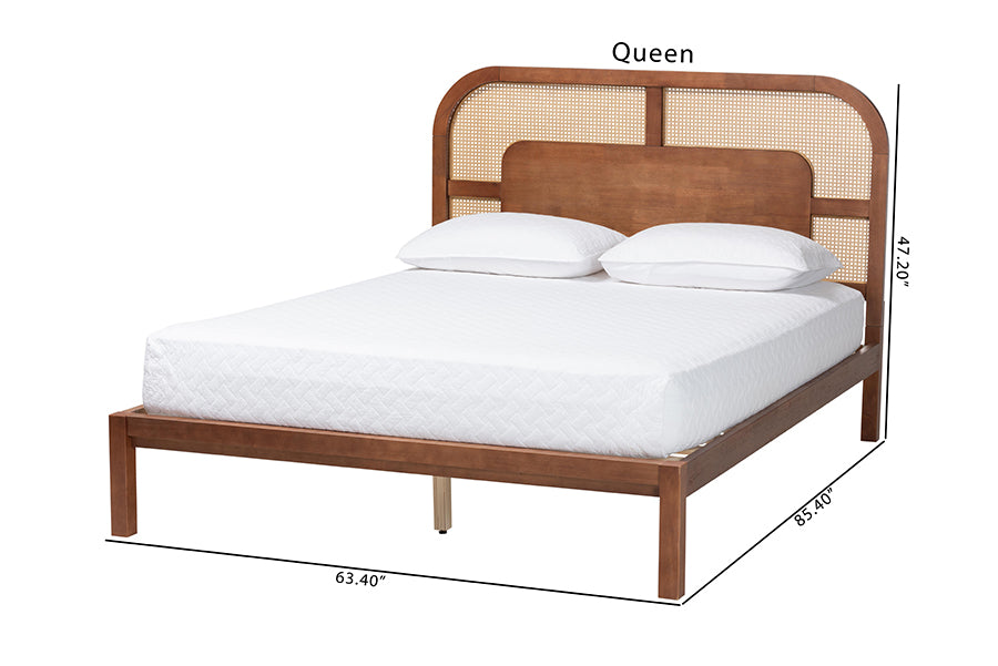 Baxton Studio Raewyn Wood Platform Bed - Low Profile Bed Frame with Decorative Rattan Weave Inlay and Rounded Headboard, Queen