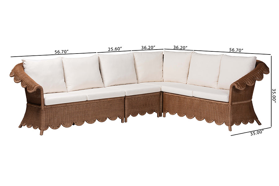 bali & pari Detta Natural Rattan 4-Piece Sectional Set - Handwoven Wicker Corner Lounge Seating with Scalloped Skirt Base and Rolled Arms, Boho Coastal Style for Sunroom or Living Room
