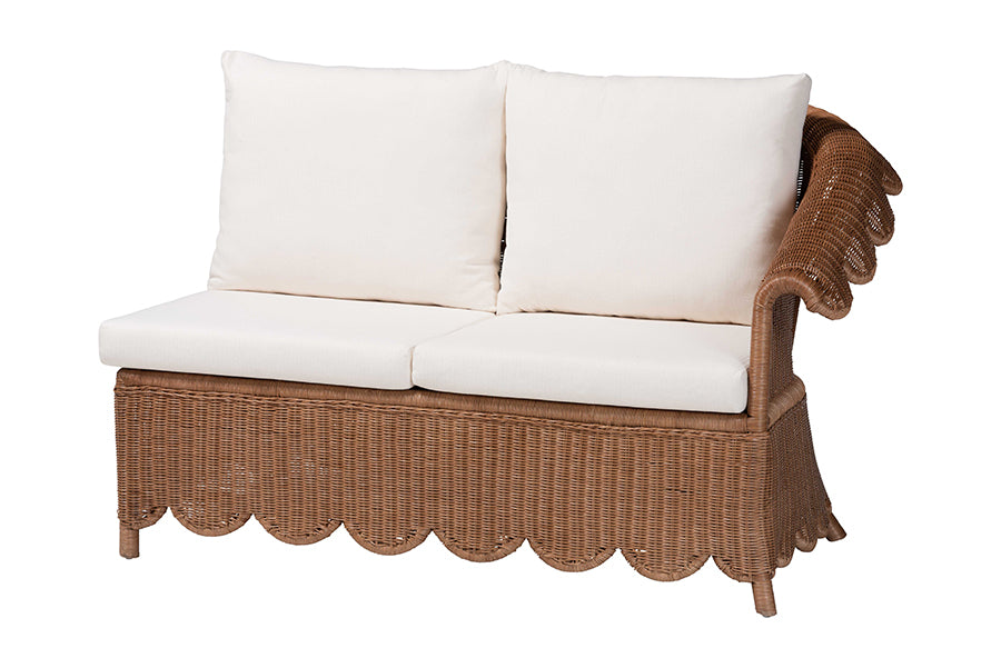 bali & pari Detta Natural Rattan 4-Piece Sectional Set - Handwoven Wicker Corner Lounge Seating with Scalloped Skirt Base and Rolled Arms, Boho Coastal Style for Sunroom or Living Room