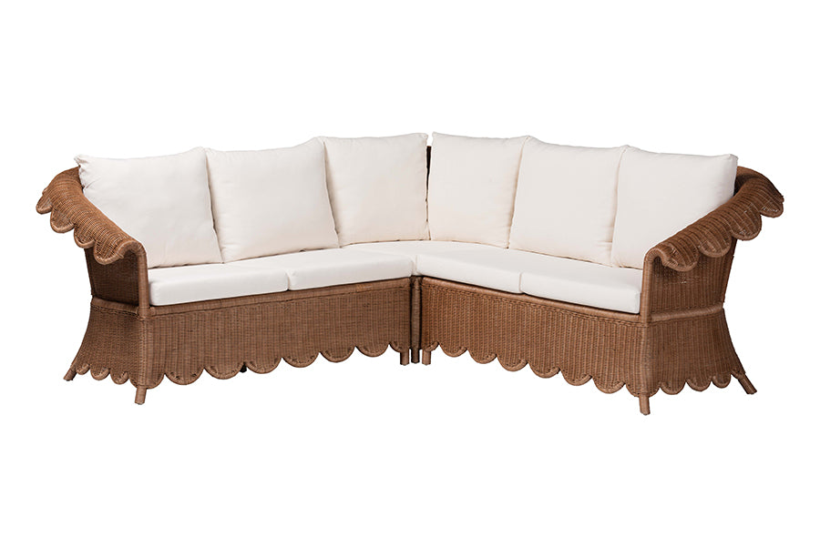 bali & pari Detta Natural Rattan 3-Piece Sectional Set - Handwoven Wicker Corner Lounge Seating with Scalloped Skirt Base and Rolled Arms, Boho Coastal Style for Sunroom or Living Room