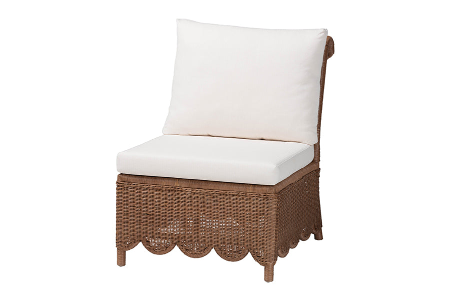 bali & pari Detta Natural Rattan Accent Chair - Handwoven Wicker Lounge Chair with Rolled Back and Scalloped Skirt Base, Boho Coastal Style for Sunroom or Sitting Area