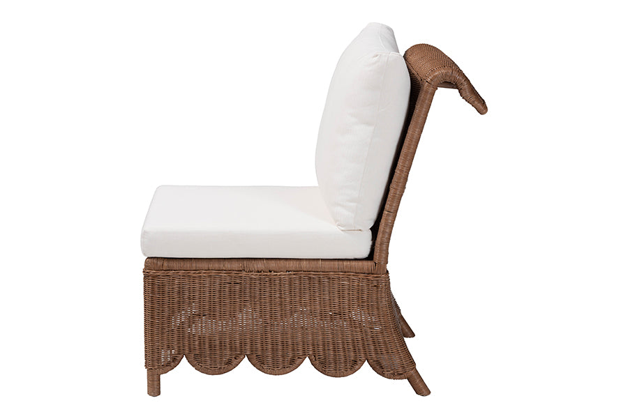 bali & pari Detta Natural Rattan Accent Chair - Handwoven Wicker Lounge Chair with Rolled Back and Scalloped Skirt Base, Boho Coastal Style for Sunroom or Sitting Area