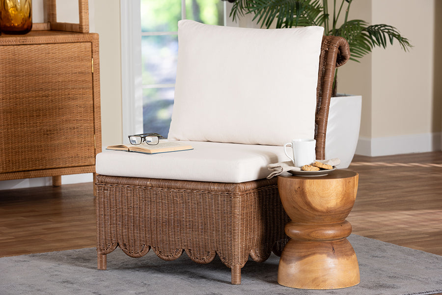 bali & pari Detta Natural Rattan Accent Chair - Handwoven Wicker Lounge Chair with Rolled Back and Scalloped Skirt Base, Boho Coastal Style for Sunroom or Sitting Area