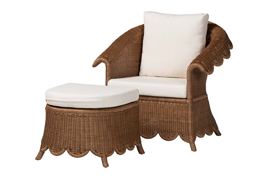 bali & pari Detta Natural Rattan Armchair and Ottoman Set - 2-Piece Handwoven Wicker Lounge Seating with Scalloped Skirt Base and Rolled Arms, Boho Coastal Style for Sunroom or Living Room