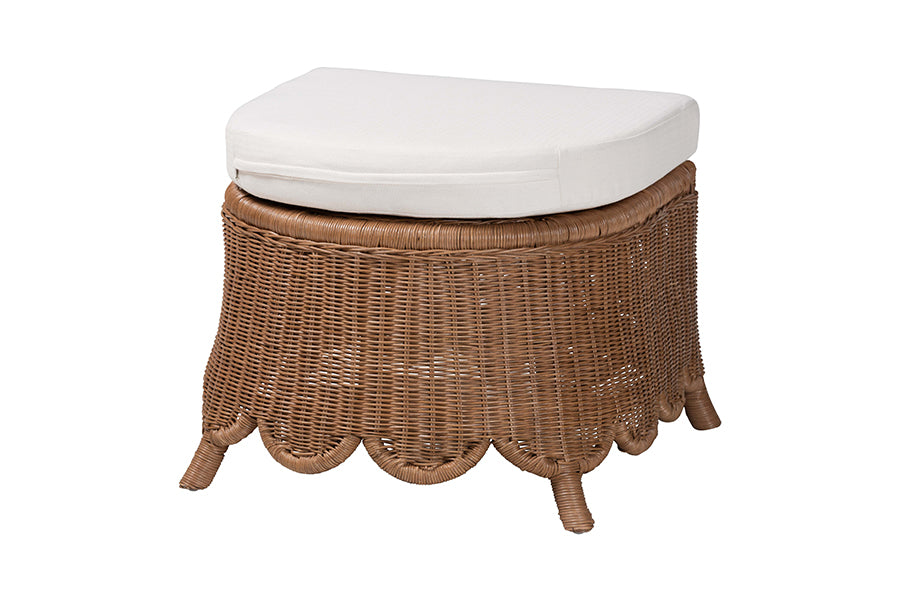 bali & pari Detta Natural Rattan Armchair and Ottoman Set - 2-Piece Handwoven Wicker Lounge Seating with Scalloped Skirt Base and Rolled Arms, Boho Coastal Style for Sunroom or Living Room