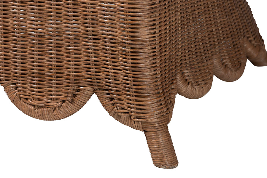 bali & pari Detta Natural Rattan Armchair and Ottoman Set - 2-Piece Handwoven Wicker Lounge Seating with Scalloped Skirt Base and Rolled Arms, Boho Coastal Style for Sunroom or Living Room