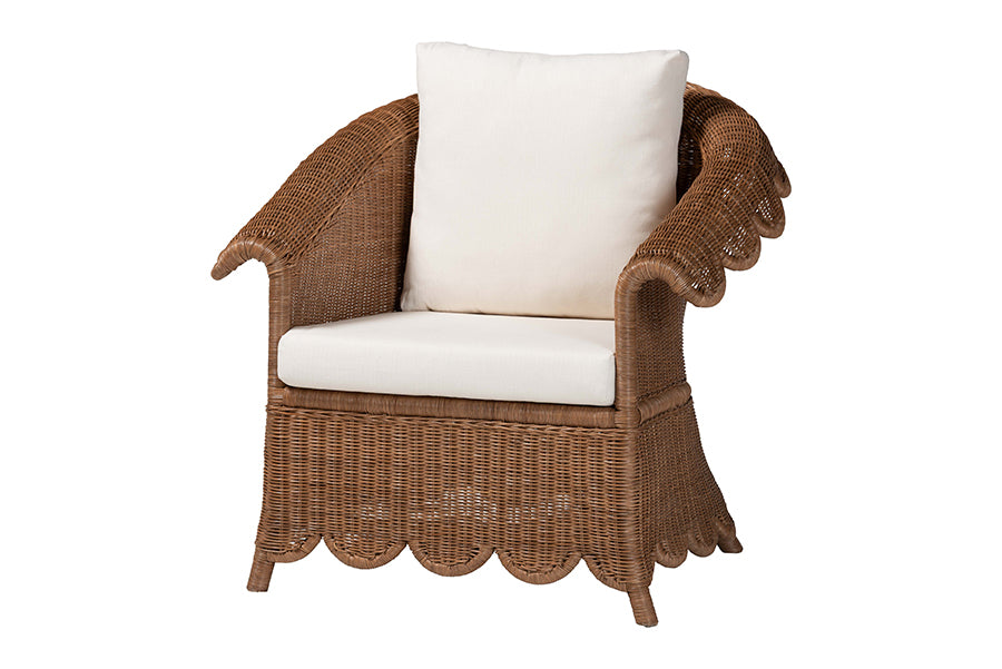 bali & pari Detta Natural Rattan Armchair - Handwoven Wicker Chair with Rolled Arms and Scalloped Skirt Base, Boho Coastal Style for Lounge or Sunroom