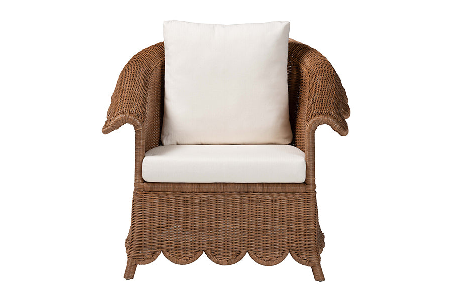 bali & pari Detta Natural Rattan Armchair - Handwoven Wicker Chair with Rolled Arms and Scalloped Skirt Base, Boho Coastal Style for Lounge or Sunroom