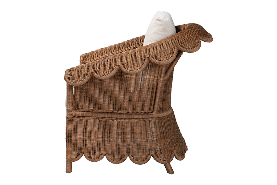 bali & pari Detta Natural Rattan Armchair - Handwoven Wicker Chair with Rolled Arms and Scalloped Skirt Base, Boho Coastal Style for Lounge or Sunroom