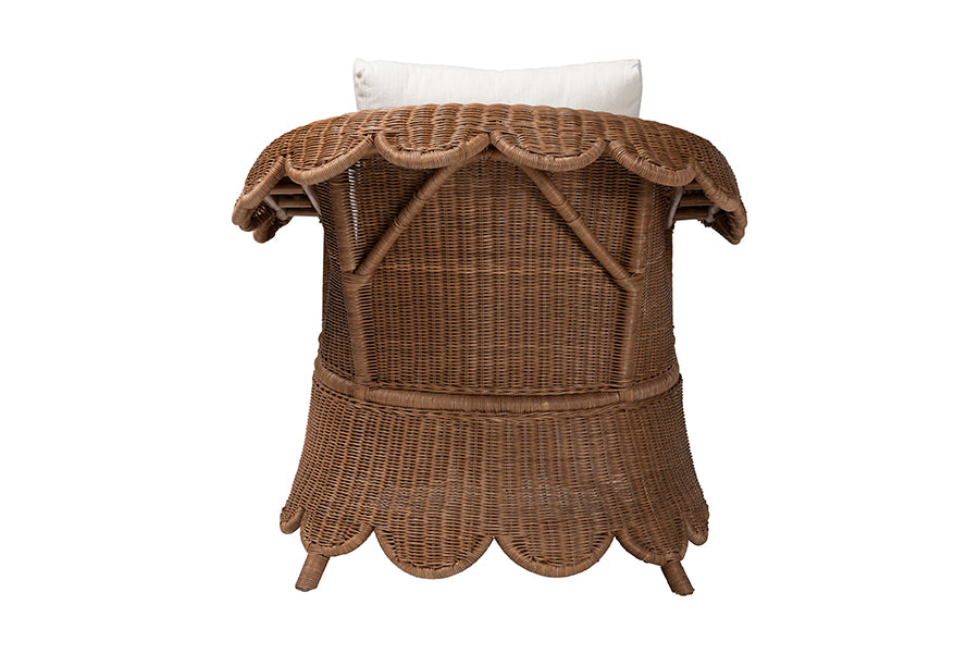 bali & pari Detta Natural Rattan Armchair - Handwoven Wicker Chair with Rolled Arms and Scalloped Skirt Base, Boho Coastal Style for Lounge or Sunroom