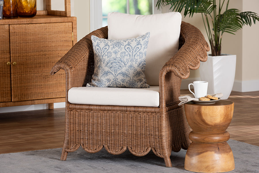 bali & pari Detta Natural Rattan Armchair - Handwoven Wicker Chair with Rolled Arms and Scalloped Skirt Base, Boho Coastal Style for Lounge or Sunroom