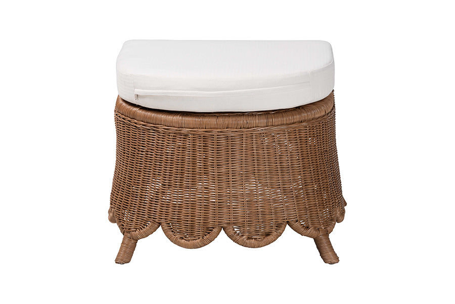 bali & pari Detta Natural Rattan Footstool with Cushion - Handwoven Wicker Ottoman with Scalloped Skirt Base for Coastal Lounge or Sunroom Seating