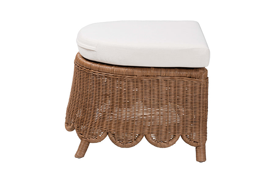 bali & pari Detta Natural Rattan Footstool with Cushion - Handwoven Wicker Ottoman with Scalloped Skirt Base for Coastal Lounge or Sunroom Seating