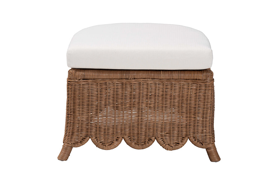 bali & pari Detta Natural Rattan Footstool with Cushion - Handwoven Wicker Ottoman with Scalloped Skirt Base for Coastal Lounge or Sunroom Seating