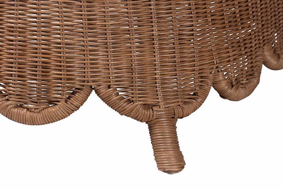 bali & pari Detta Natural Rattan Footstool with Cushion - Handwoven Wicker Ottoman with Scalloped Skirt Base for Coastal Lounge or Sunroom Seating
